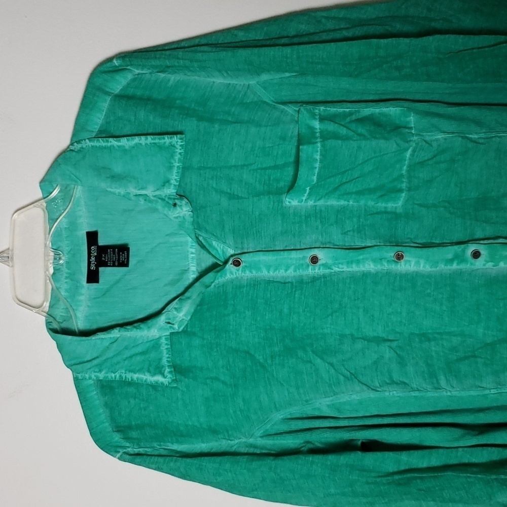 Style & Co bright green casual button up shirt, blouse, swim cover up, stretch - Picture 2 of 7
